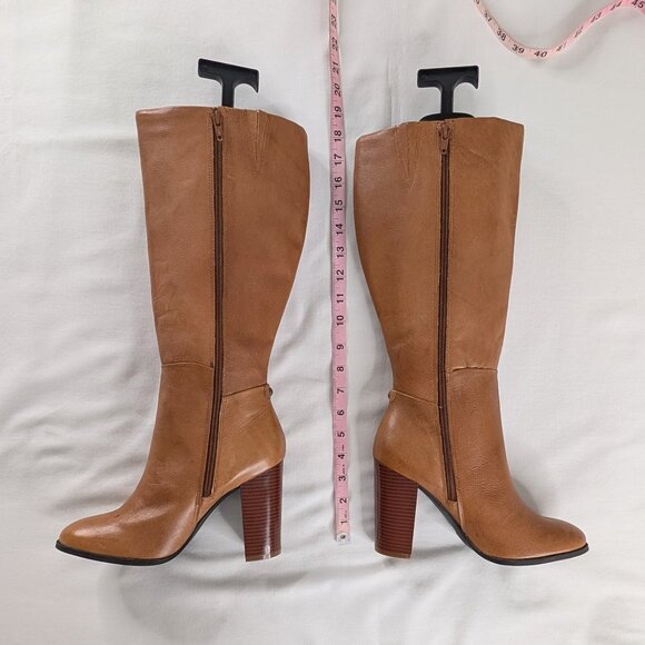 Liz & Co Tan Cognac Leather Side Zip Block Heel Tall Chunky Heel Boots - Picture 4 of 10